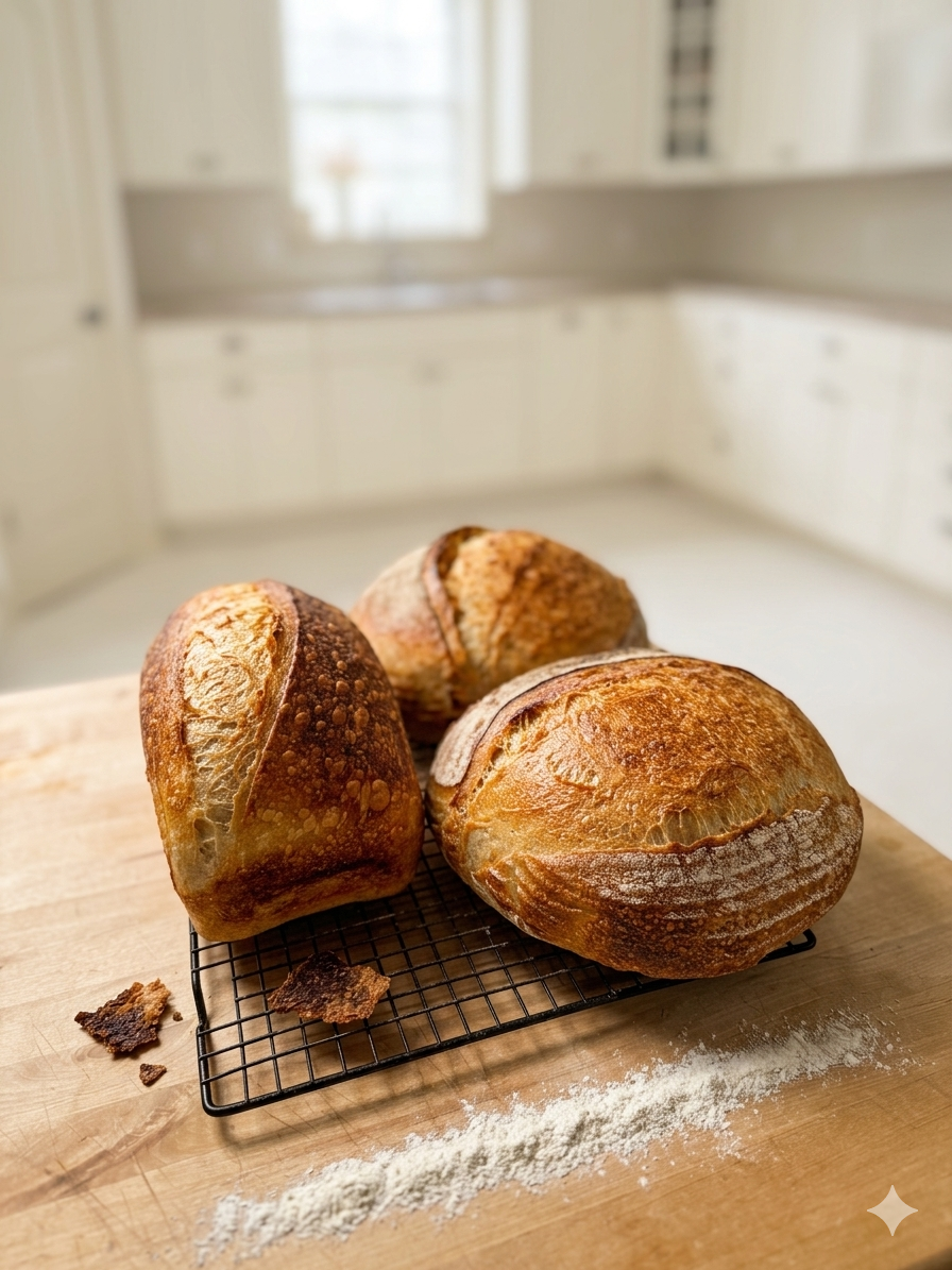 Sourdough artisan loaf, scored and baked dark
